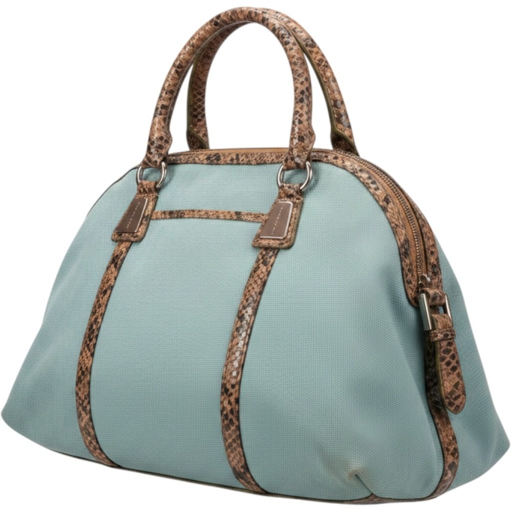 Gianni Bini Women Blue Canvas Snakeskin Trim Satchel Dome Handbag Silver Hardwar